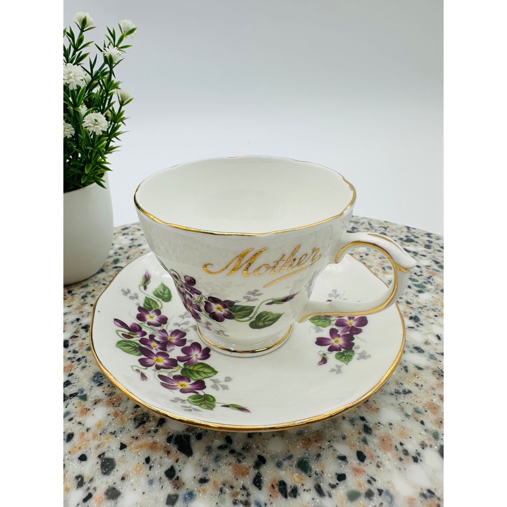 Duchess Violetta Mother Teacup and Saucer Set Purple Violets Gold Gilt England